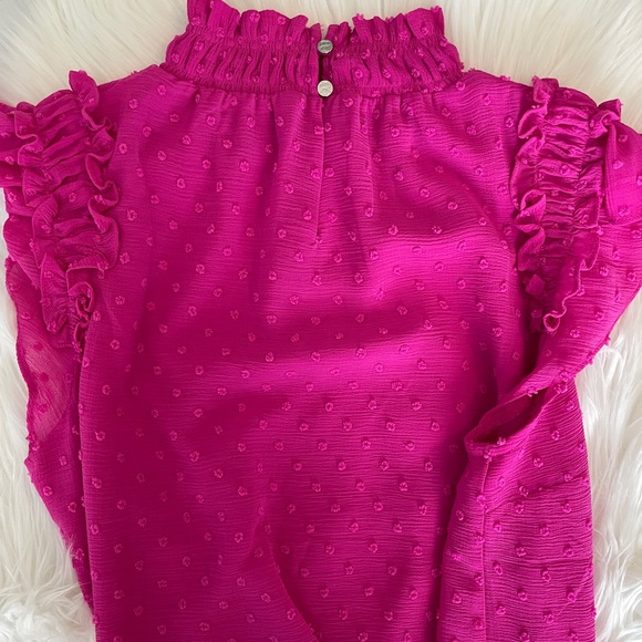 CeCe Clip Dot Ruffle Mock Neck Crepe Top in Magenta Glow - Picture 3 of 3